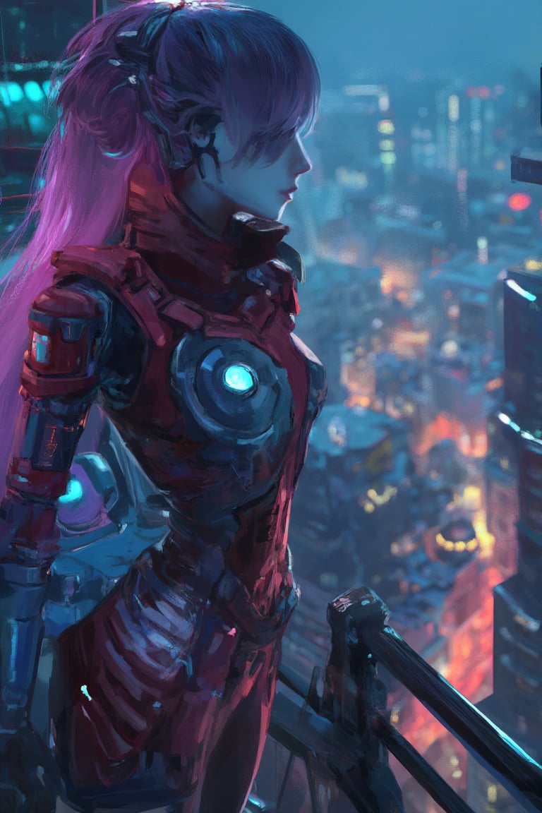 A futuristic woman in sleek armor surveys a glowing metropolis from a neon-lit balcony, captured in a bold and intense digital_painting.