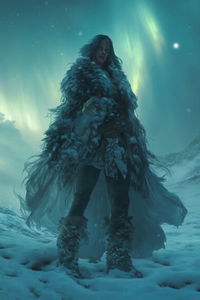 A fierce woman draped in furs stands against icy winds in a frozen tundra, illuminated by an aurora in a dramatic digital_painting.