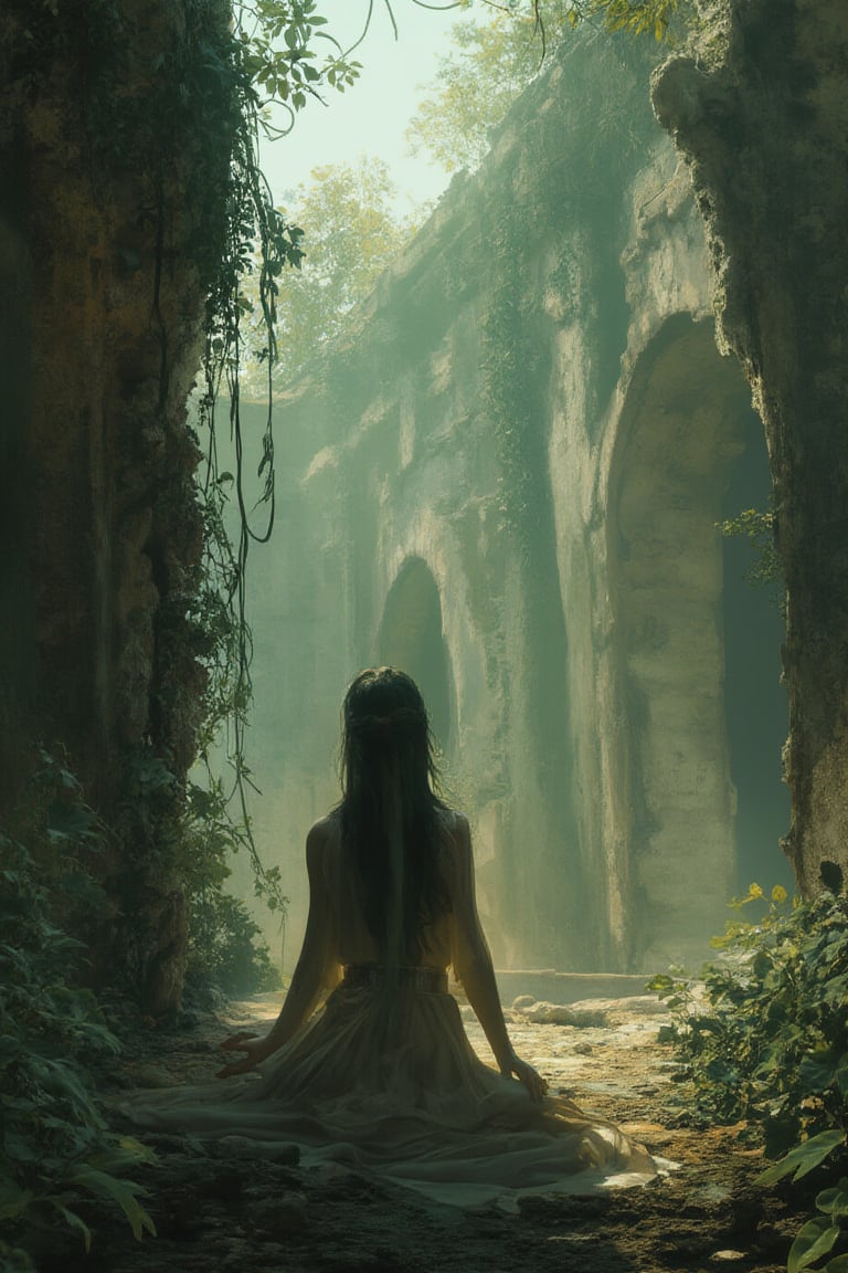 In the ruins of an ancient civilization, a calm woman meditates, surrounded by overgrown vines and crumbling pillars in this powerful digital_painting.