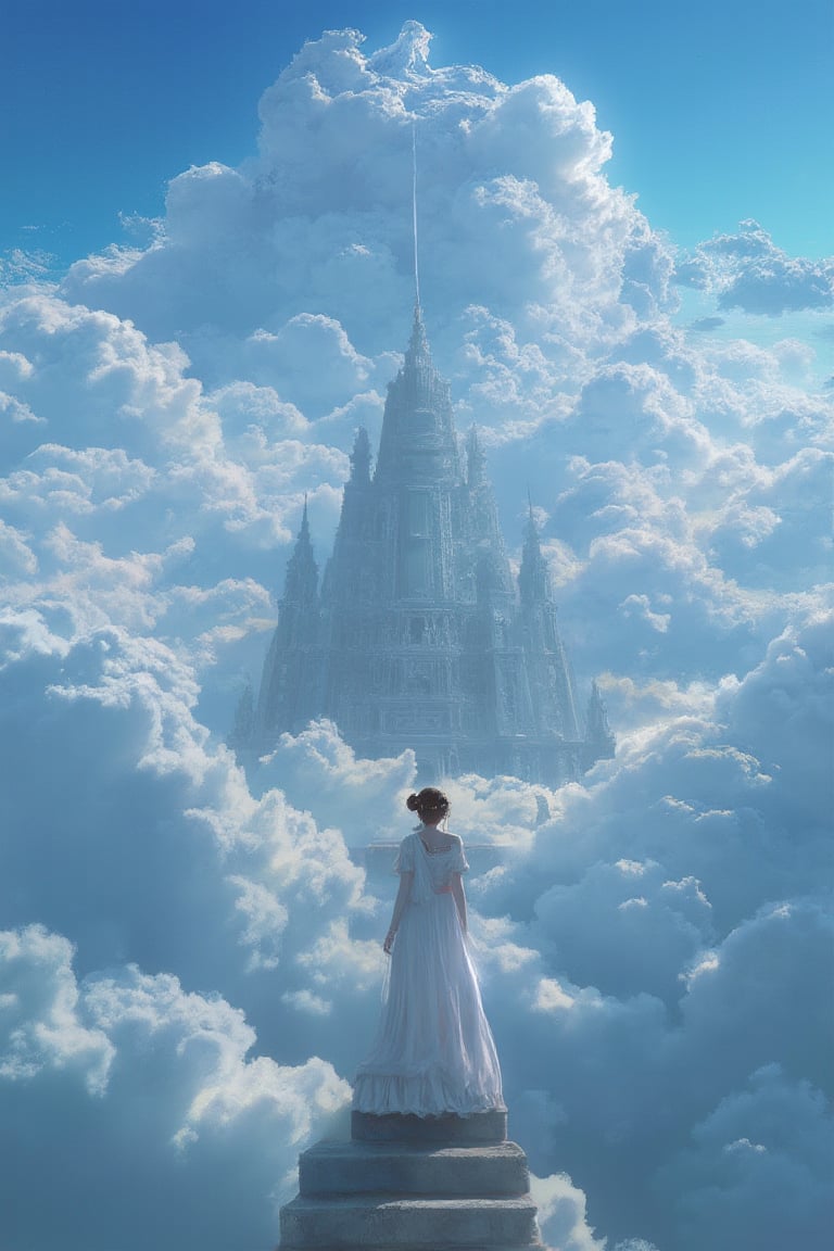 An ethereal woman stands on the steps of a floating temple, overlooking an endless expanse of sky and clouds in a majestic digital_painting.