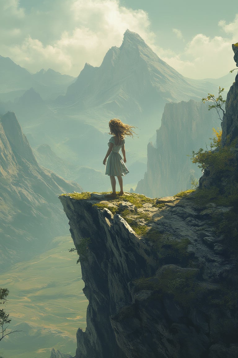 A woman stands atop a jagged mountain peak, her windswept hair blending into the clouds as she gazes over a sprawling valley, captured in an epic digital_painting