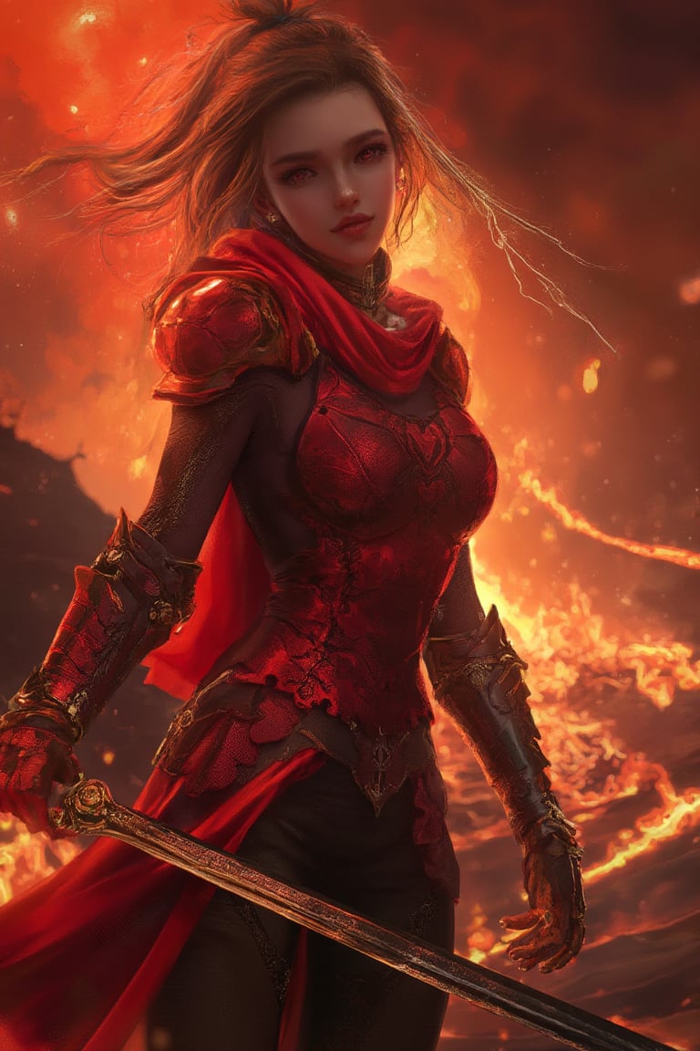 A woman clad in red armor holds a glowing sword against the backdrop of an erupting volcano, molten lava flowing behind her in a fiery digital_painting.