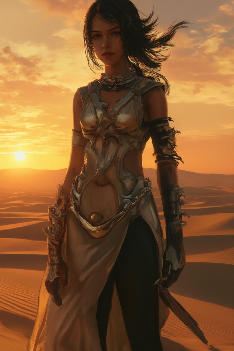 A warrior woman stands tall in the desert, the setting sun casting shadows over her armor as the dunes stretch into the horizon in this digital_painting.