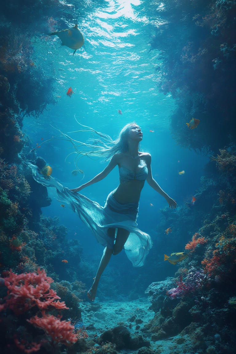 A serene underwater woman swims gracefully among vibrant coral and glowing fish, light filtering through the waves above in a mystical digital_painting.