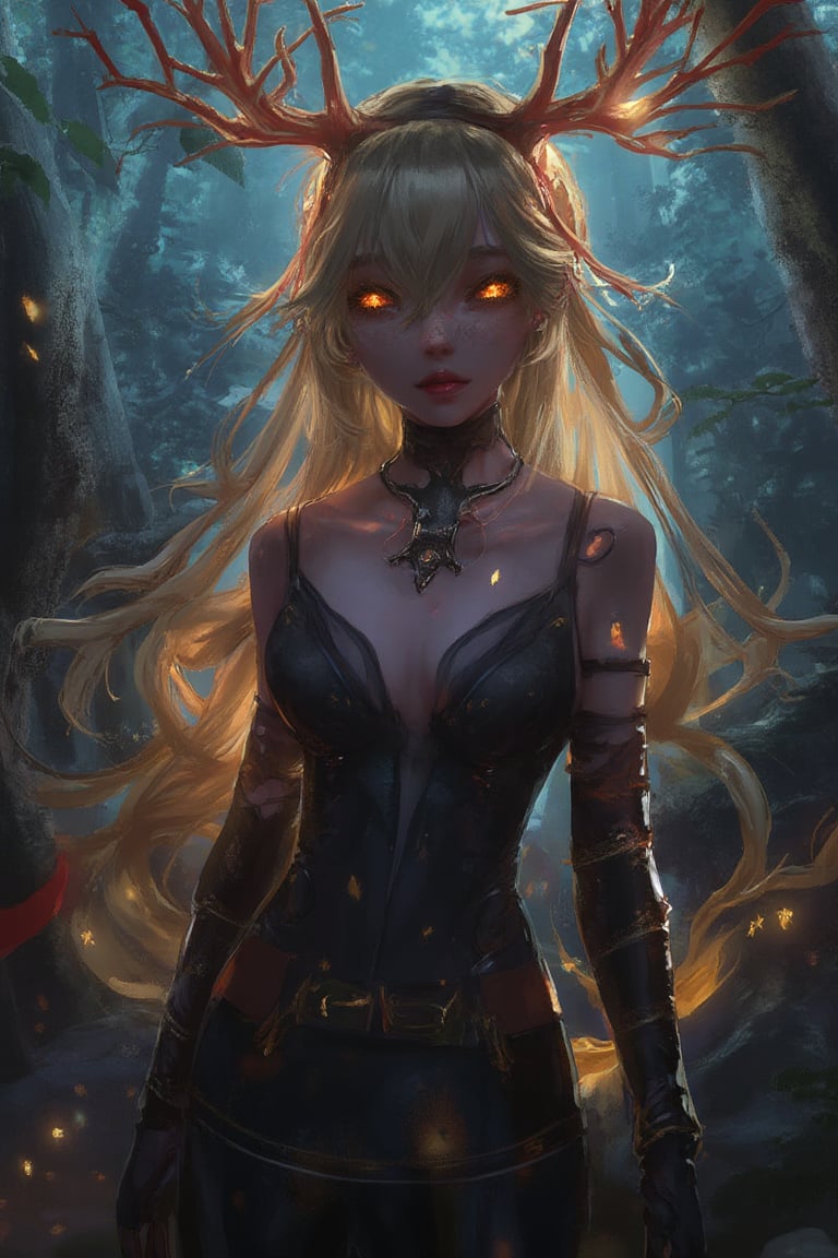 A forest guardian with glowing eyes and antler-like adornments stands in a mystical forest, spirits swirling around her in a vibrant digital_painting.