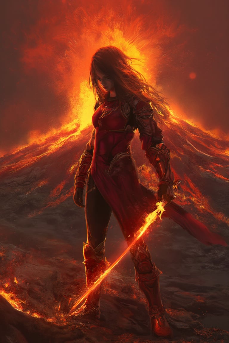 A woman clad in red armor holds a glowing sword against the backdrop of an erupting volcano, molten lava flowing behind her in a fiery digital_painting.