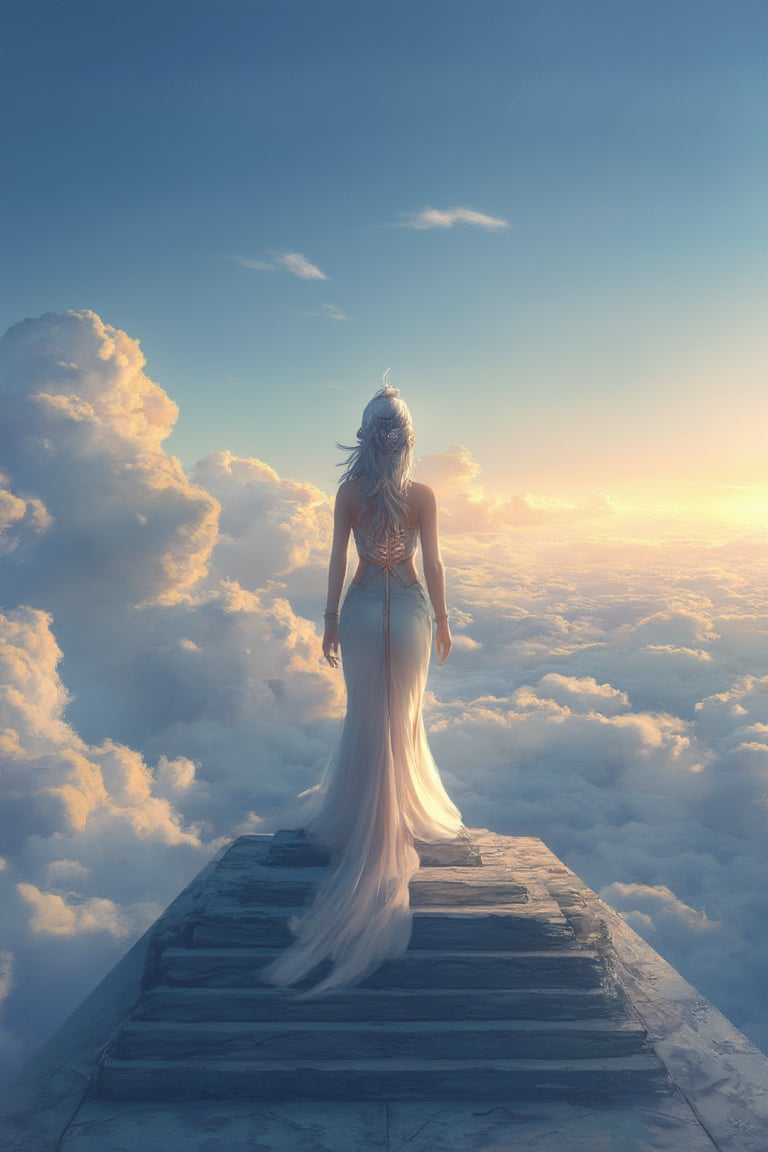 An ethereal woman stands on the steps of a floating temple, overlooking an endless expanse of sky and clouds in a majestic digital_painting.