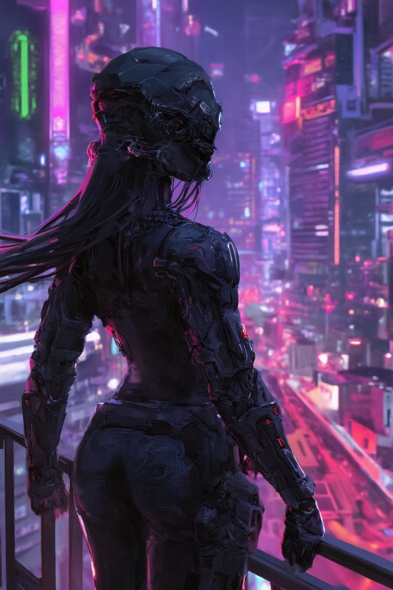 A futuristic woman in sleek armor surveys a glowing metropolis from a neon-lit balcony, captured in a bold and intense digital_painting.