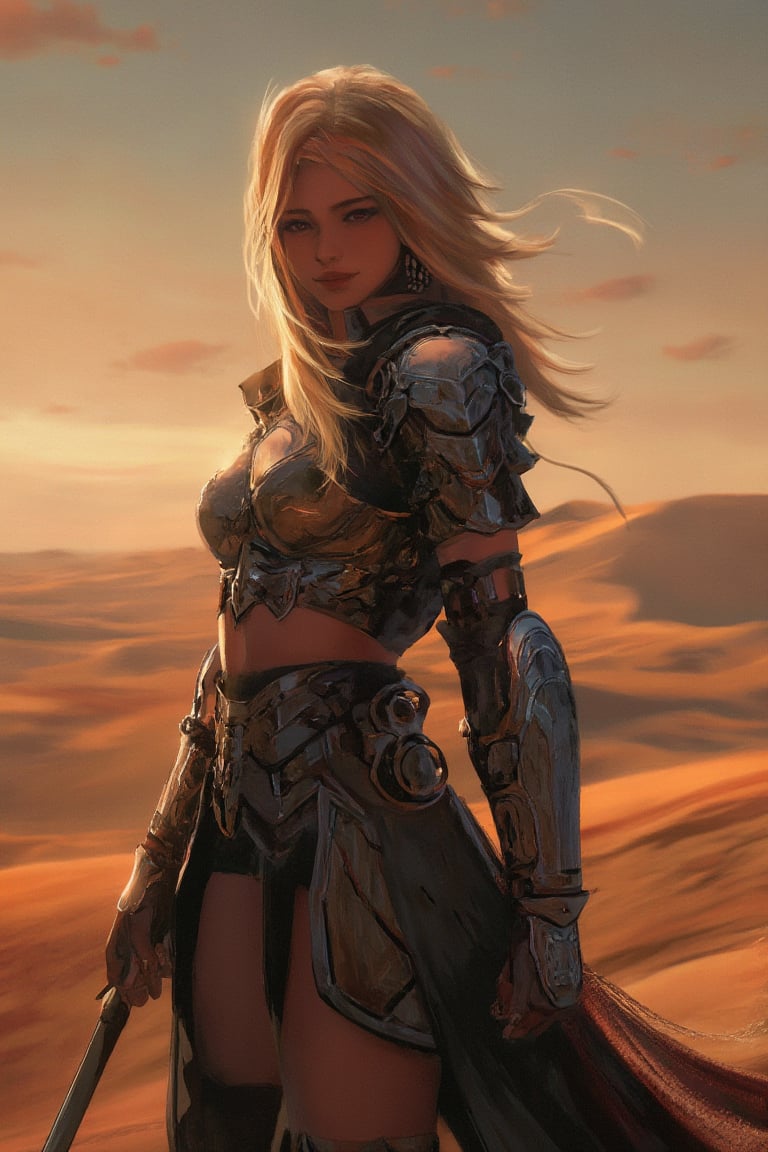 A warrior woman stands tall in the desert, the setting sun casting shadows over her armor as the dunes stretch into the horizon in this digital_painting.