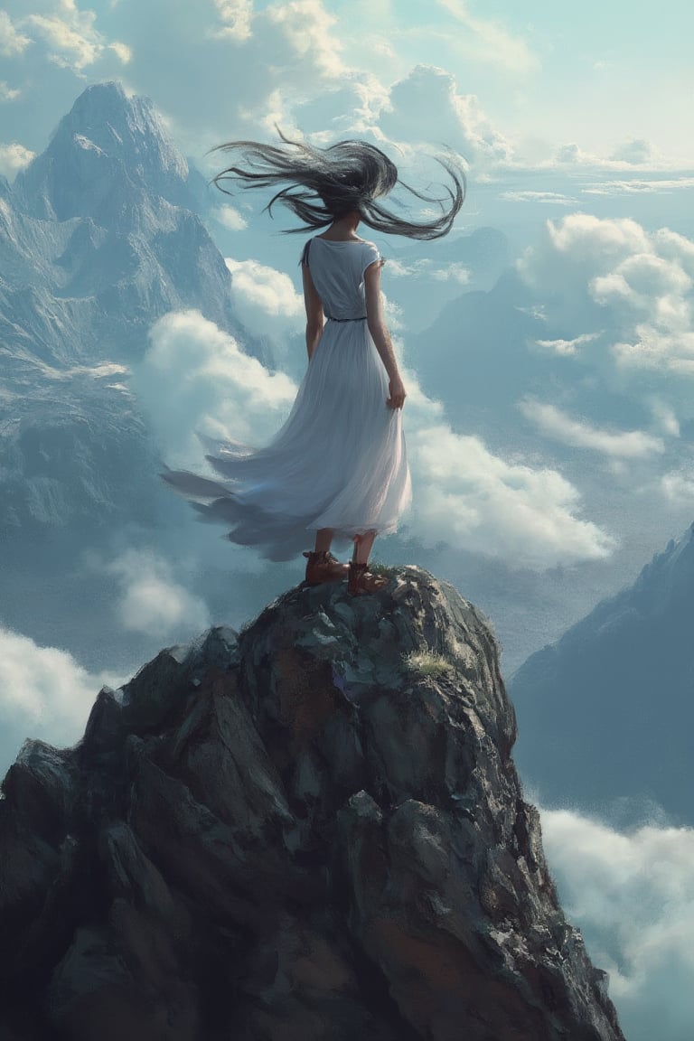 A woman stands atop a jagged mountain peak, her windswept hair blending into the clouds as she gazes over a sprawling valley, captured in an epic digital_painting.