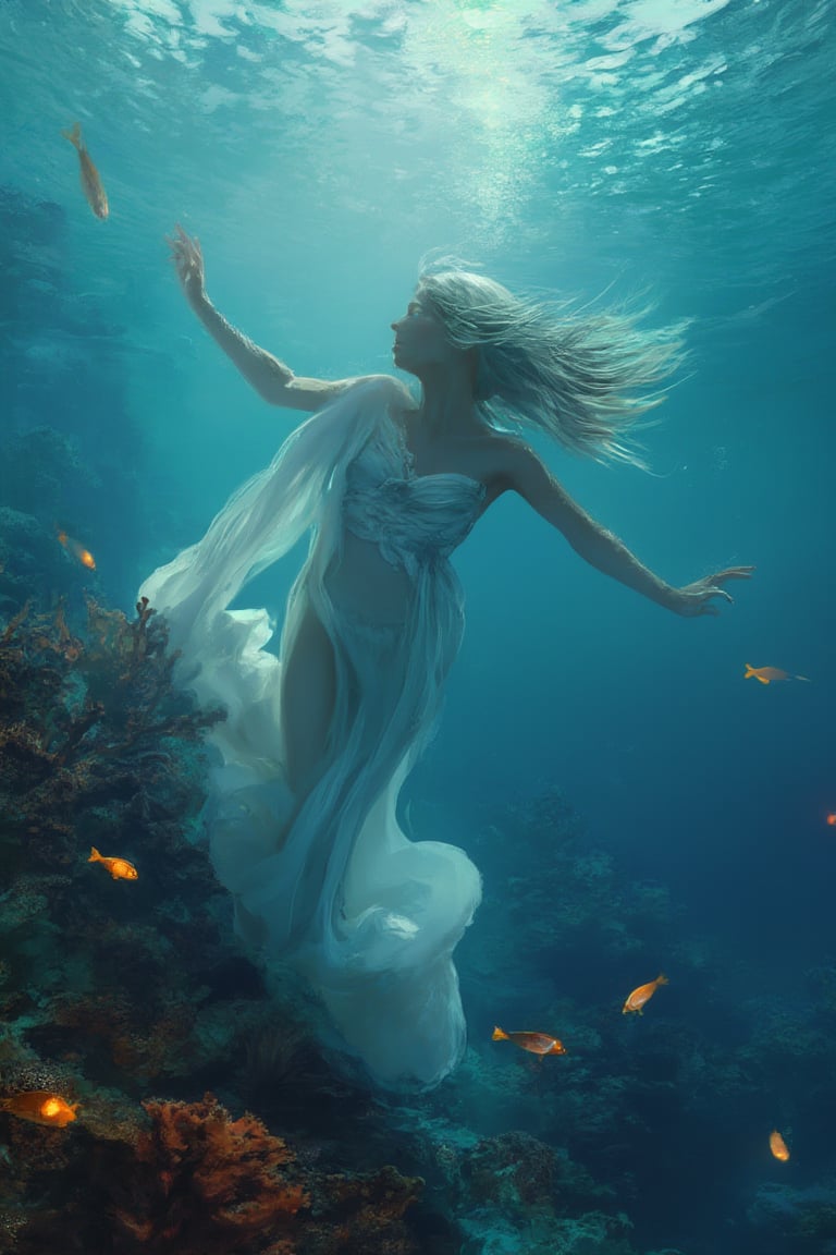 A serene underwater woman swims gracefully among vibrant coral and glowing fish, light filtering through the waves above in a mystical digital_painting.