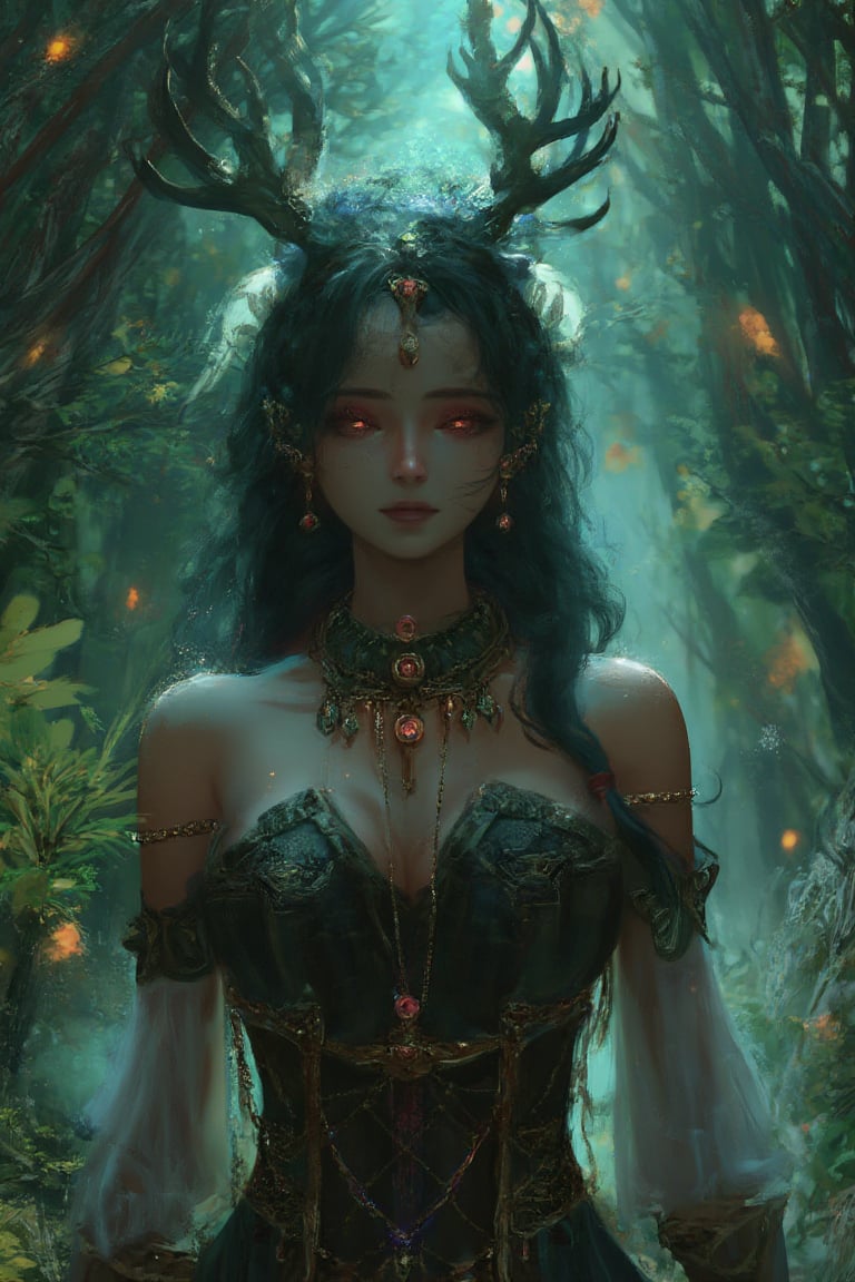 A forest guardian with glowing eyes and antler-like adornments stands in a mystical forest, spirits swirling around her in a vibrant digital_painting.