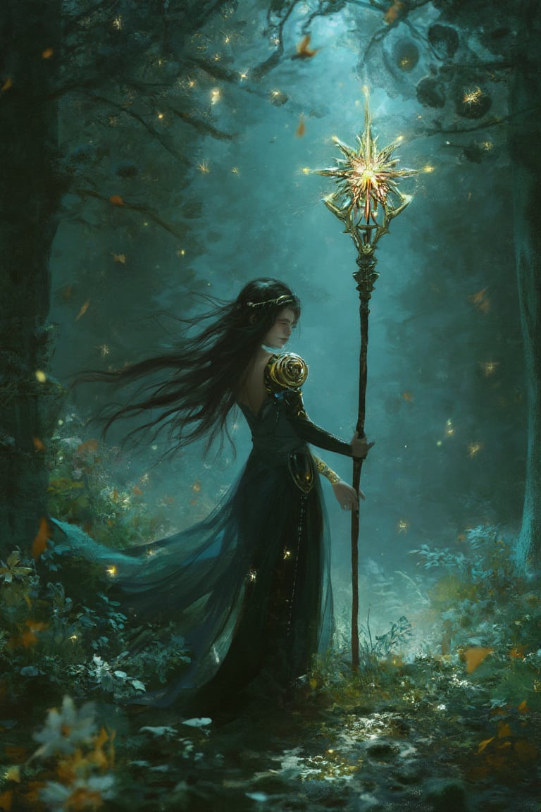 In an enchanted forest, a woman holds a glowing staff, surrounded by shimmering stars in an ethereal digital_painting of celestial beauty.