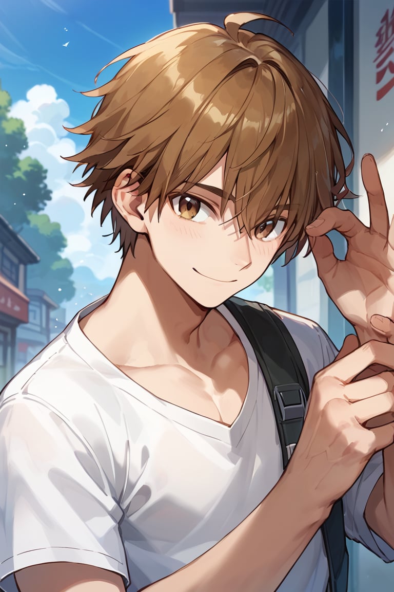 score_9, score_8_up, score_7_up, masterpiece, best quality, male focus, looking at viewer, 1boy, smile, upper body, face close up,
kishinami hakuno male,brown hair,brown eyes,
(toned male:0.9), white shirt, short sleeves,