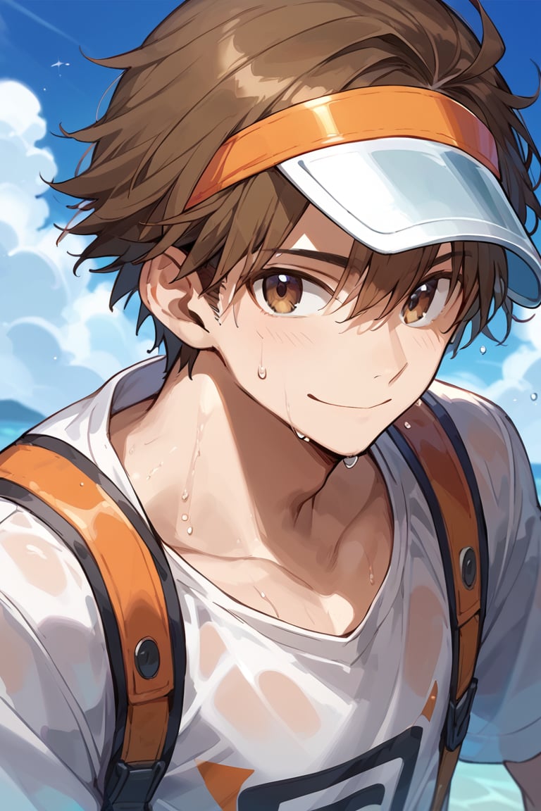 score_9, score_8_up, score_7_up, masterpiece, best quality, male focus, looking at viewer, 1boy, smile, upper body, face close up,
kishinami hakuno male,brown hair,brown eyes,
male, guy, sun visor, swim suits, wet suits,