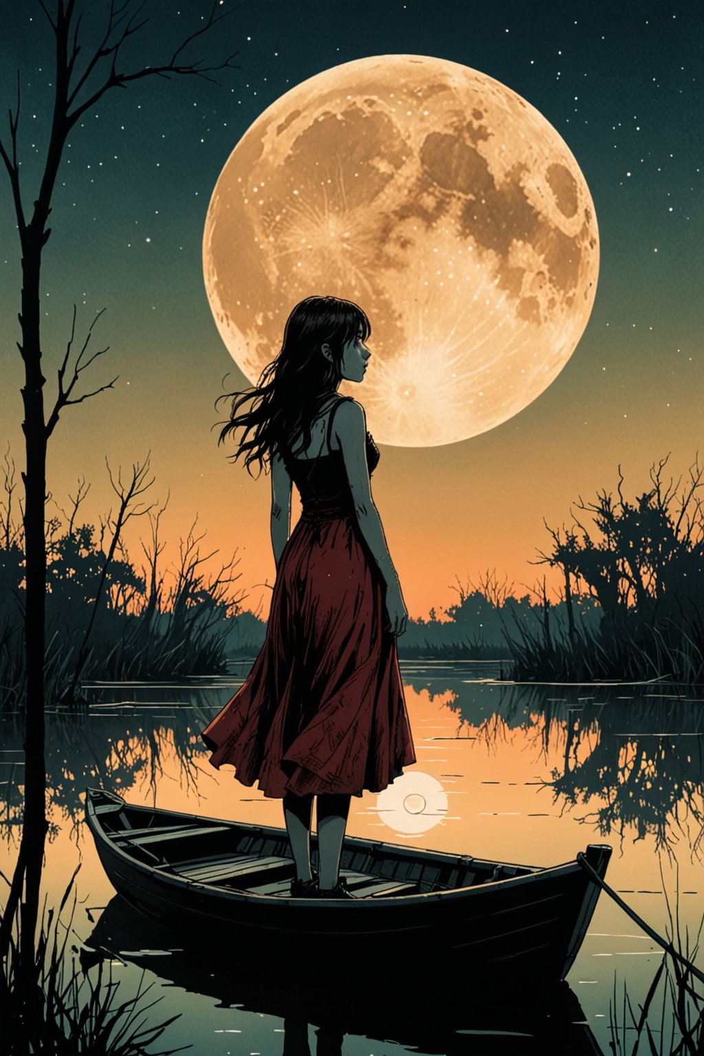 linquivera,  Ink illustration, (anime:0.5), brown tones, aged black red paper, inkpunk, moonlight,full moon, surreal, a girl standing on a boat in swampy wetlands, (at a distance), Will-o'-the-wisp, moonlit, lonely, solitude, windy, tall trees, willows, willowy,  OverallDetail, extremely detailed, UHD,(long exposure , dystopian but extremely beautiful:1.4),