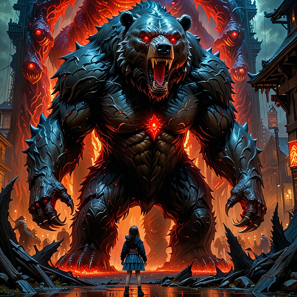 highly detailed and hyper realistic, traditional oil painting of a girl standing in front of a horrific giant monster, trending on Artstation, dramatic lighting render, giant wearbear, real image, with red glowing eyes, rendered image, glowing and epic, epic full color illustration, sketchy, rough sketch, conceptual, extremely intricate details, highly detailed and hyper realistic