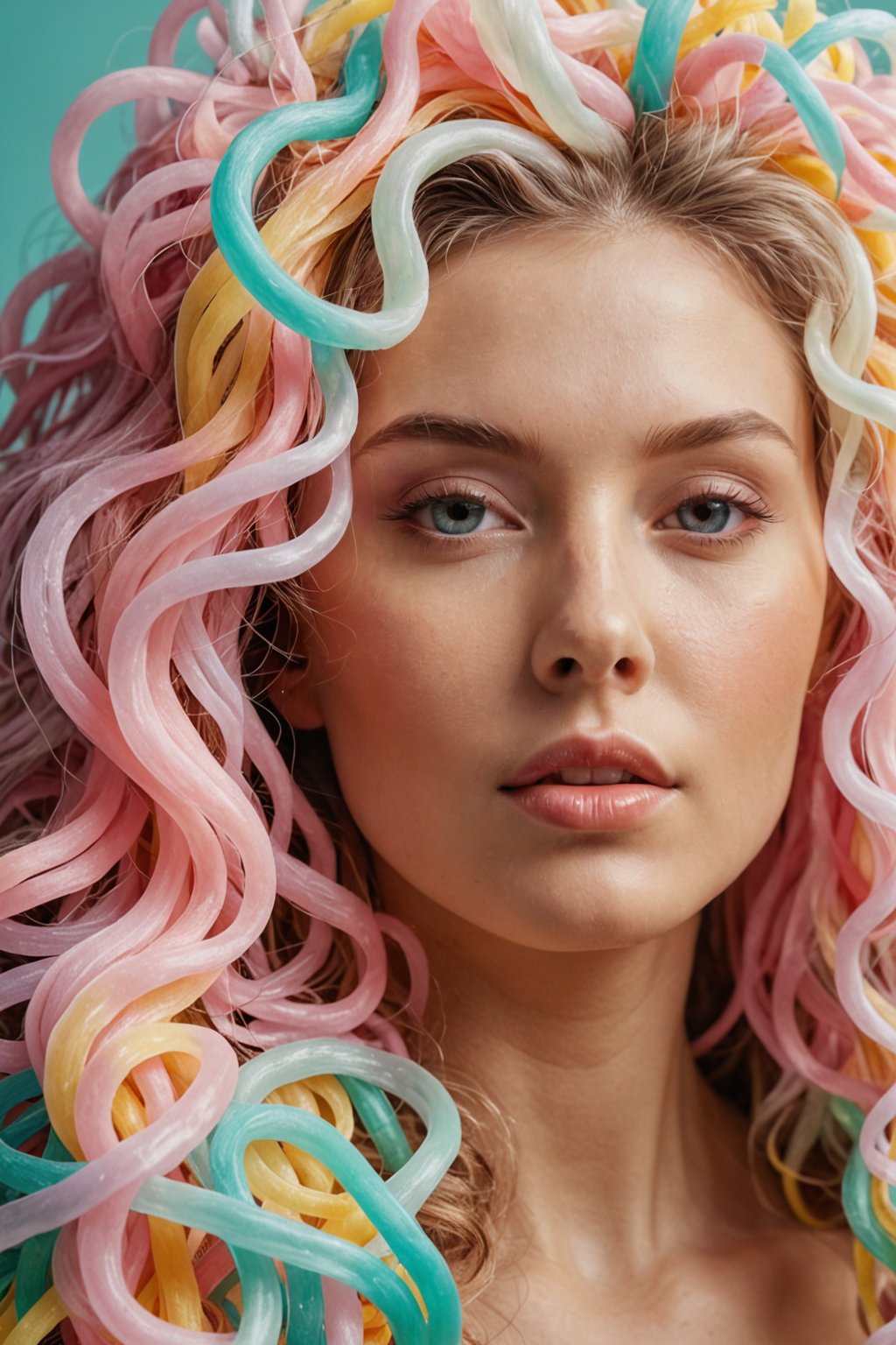 Portrait of a woman, with lush hair with voluminous shapes made of plastic noodles, surreal style, mix of natural and artificial, pastel tones, detailed hyperrealistic, 4K