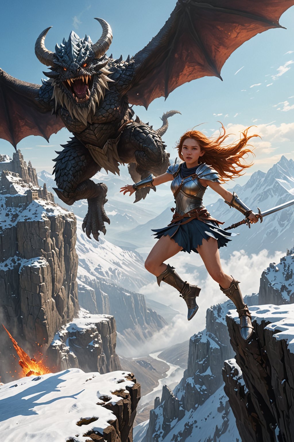 A warrior girl in armor jumps from a cliff onto a monster, a monster at the foot of a cliff, an ice golem monster does not see the girl, the girl swings a huge sword at the monster, the sword is on fire, the girl is flying, the girl has a long braid, snow all around, mountainous terrain,top view, view from behind the girl, epic, 
hyperrealism, girl jumping from a very high cliff, 
the monster is under the girl, the cloak flutters upwards as it flies, 
monster in the gorge, cold emanates from the monster, The girl swings a sword holding it with both hands above her head, 
girl flies at monster, girl pecks at monster