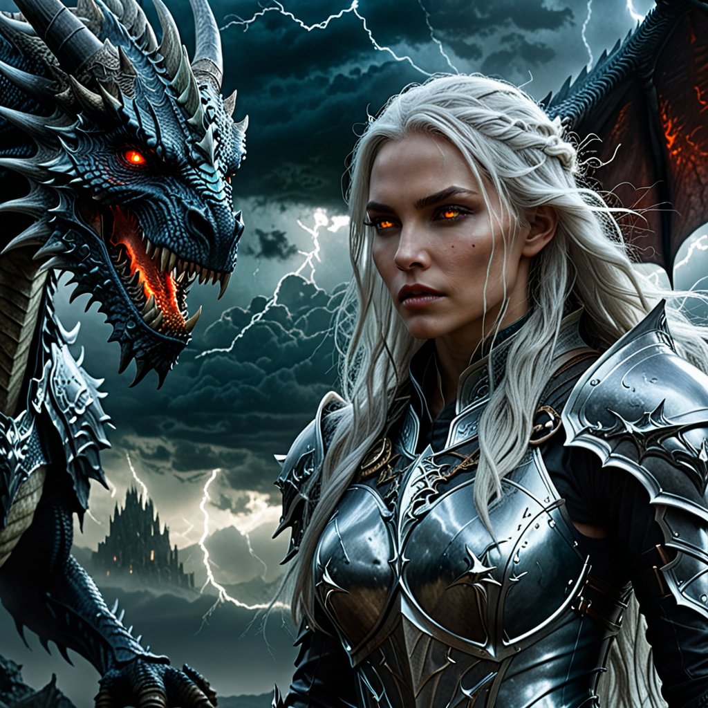 highly detailed and hyper realistic, hyper realistic and highly detailed, a cinematic panoramic full shot of a female Death Knight with a beautiful face and extremely long silver hair standing next to the colossal head of an undead dragon, glowing eyes, dark clouds, stormy weather, lightning, concept art, fantasy art, dark fantasy art, atmospheric haze