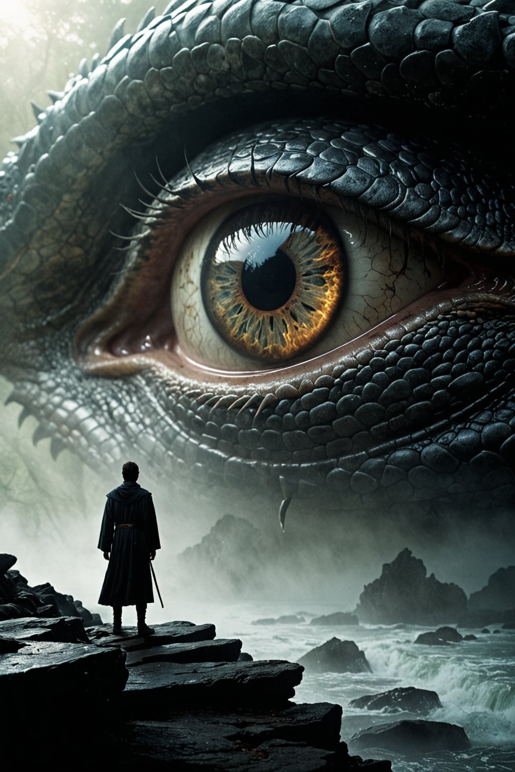 a striking and surreal scene that combines elements of both the natural world and fantasy. Dominating the composition is a massive, reptilian eye, filling almost the entire frame. The eye is highly detailed, with a slit-like pupil that suggests it belongs to a large, powerful creature, perhaps a dragon or another mythical being. The texture around the eye is rugged and scaly, giving the impression of ancient, weathered skin. In the lower portion of the image, a solitary human figure stands before the eye, dressed in a flowing black robe. The figure is tiny in comparison to the colossal eye, emphasizing the vast difference in scale and power between the two. The person stands on a surface that appears to be water or mist, which reflects the eerie, otherworldly light that surrounds the scene. The atmosphere is misty and dreamlike, adding to the sense of mystery and awe. Overall, the image is both dramatic and thought-provoking, blending cultural elements with a fantastical imagination to create a visually captivating scene.