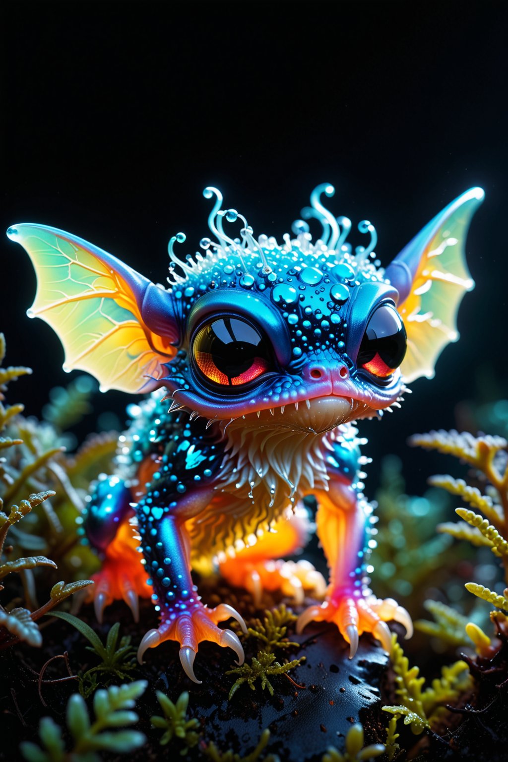 hyper detailed,  cute, glossy, serene, iridescent, by Bert Stern and by Cyril Rolando, award-winning macro photo, (short depth of field:1.2), hyper realistic, neon hues, subsurface scattering, the microscopic "grumpy doomgremlin" is a (softly glowing:1.3) dimension traveling creature, its sylvified (bioluminscent tendrils:1.4) help it navigate the crystalline habitat on planet "gromflom vi", with its translucent snarfladoodles it absorbs nutrients from its swallorfluxed prey, (dappled light:1.2), dark, shadows, black, shadow hues, highly artistic, highly painterly, harmonic colors, expressive, ultimate aesthetic level, visible brushstrokes, masterclass artistry, vibrant energy, apocalyptic mood, atmospheric haze and dense fog, strong winds,  highly aesthetic, otherworldly, limited palette,  faded colors, washed out colors, extremely dark, extremely low key lighting, dark shadows, perfect composition, full panoramic shot