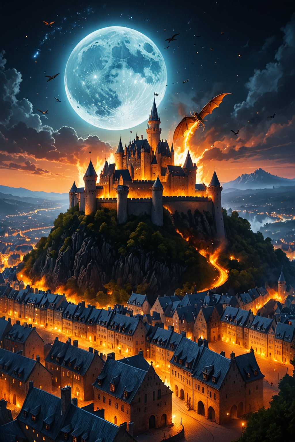 A large medieval fantasy city, night, the moon is shining brightly, glare from the moon, a castle with fortresses on a hill, a huge dragon flies over the city and pours fire on the city, there is a fire in the city and the castle