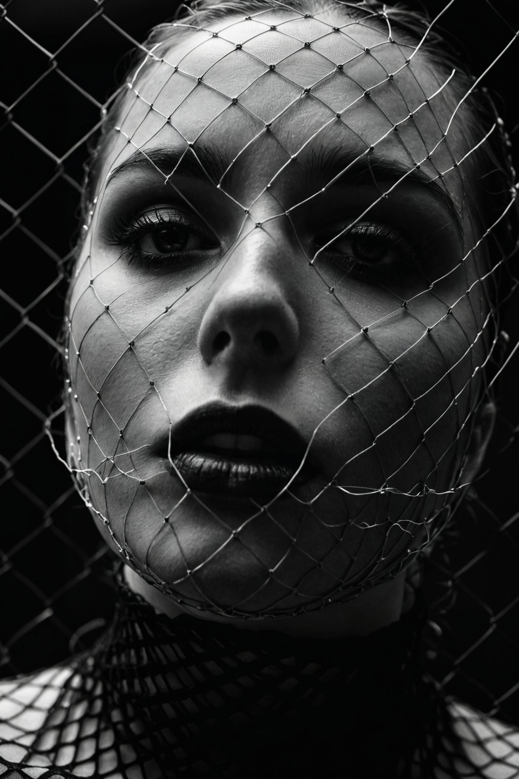 a black and white photo of a woman's face, featured on cgsociety, art photography, fishnet clothes, submissive, dark. no text, bottom shot, curvy, kiss, dark aesthetics, full body close-up shot, 8k fine art photography, lattice, a close-up, 2 b, wrapped in black, 2b, petite