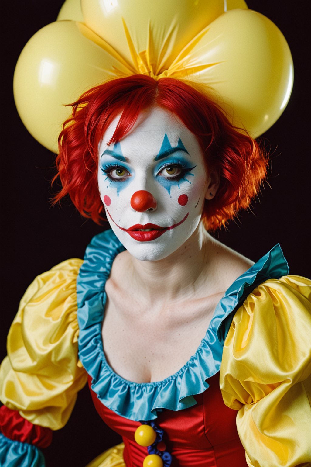 (disposable photography) a woman dressed as a clown with red hair, in the style of magical girl, colorful moebius, light yellow and dark crimson, loose and fluid, stylish costume design (style of Gris Grimly)