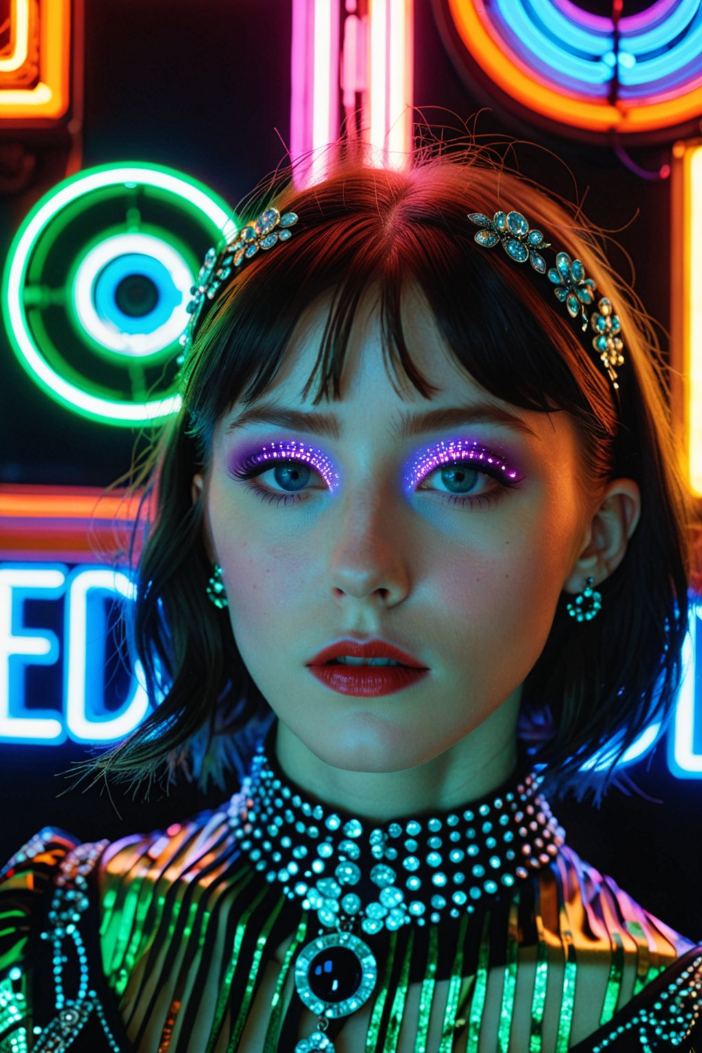 hyper realistic and highly detailed,  eye-catching, cute, opulent, pretty, by Harry Clarke and by Lee Friedlander, upper body shot, overhead view, neon lighting