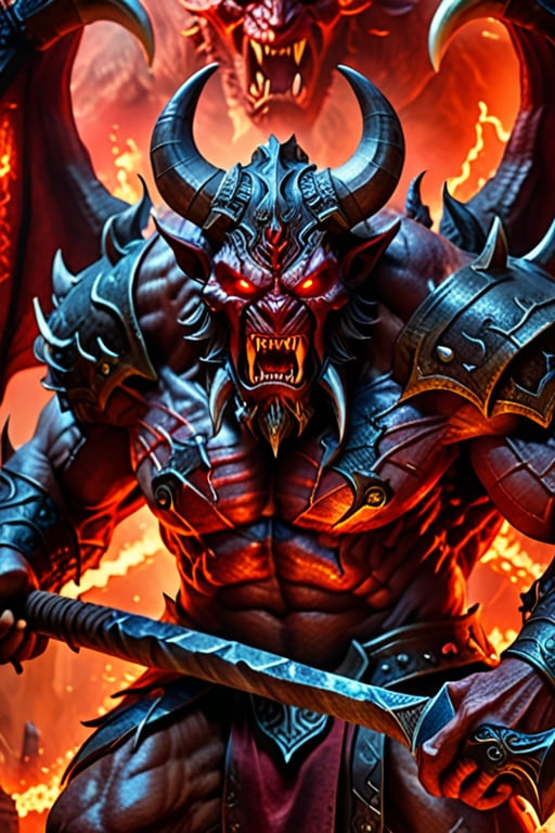 highly detailed and hyper realistic, a panoramic close up shot of a horrifying colossal ancient demon with highly detailed evil glowing eyes, angry expression, holding a gigantic glowing axe, guarding the gates of hell, ruby red hues, atmospheric haze