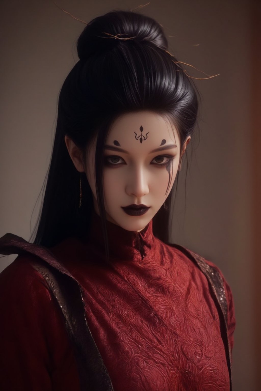 (masterpiece, best quality, ultra-detailed, 3D render), 1girl, solo, beautiful female spider demon, wearing a traditional Chinese red qipao, delicate facial features, long flowing hair, melancholic expression, mystical atmosphere, elegant posture, cinematic lighting, highly detailed textures, prominent forehead tattoos, (fair skin, dark expressive eyes, bold black eyeliner, intricate black markings on forehead and under eyes, black lips, elegant updo), Spider spirit Fourth sister, ultra-realistic lighting, 3D depth, smooth shading, realistic cloth physics