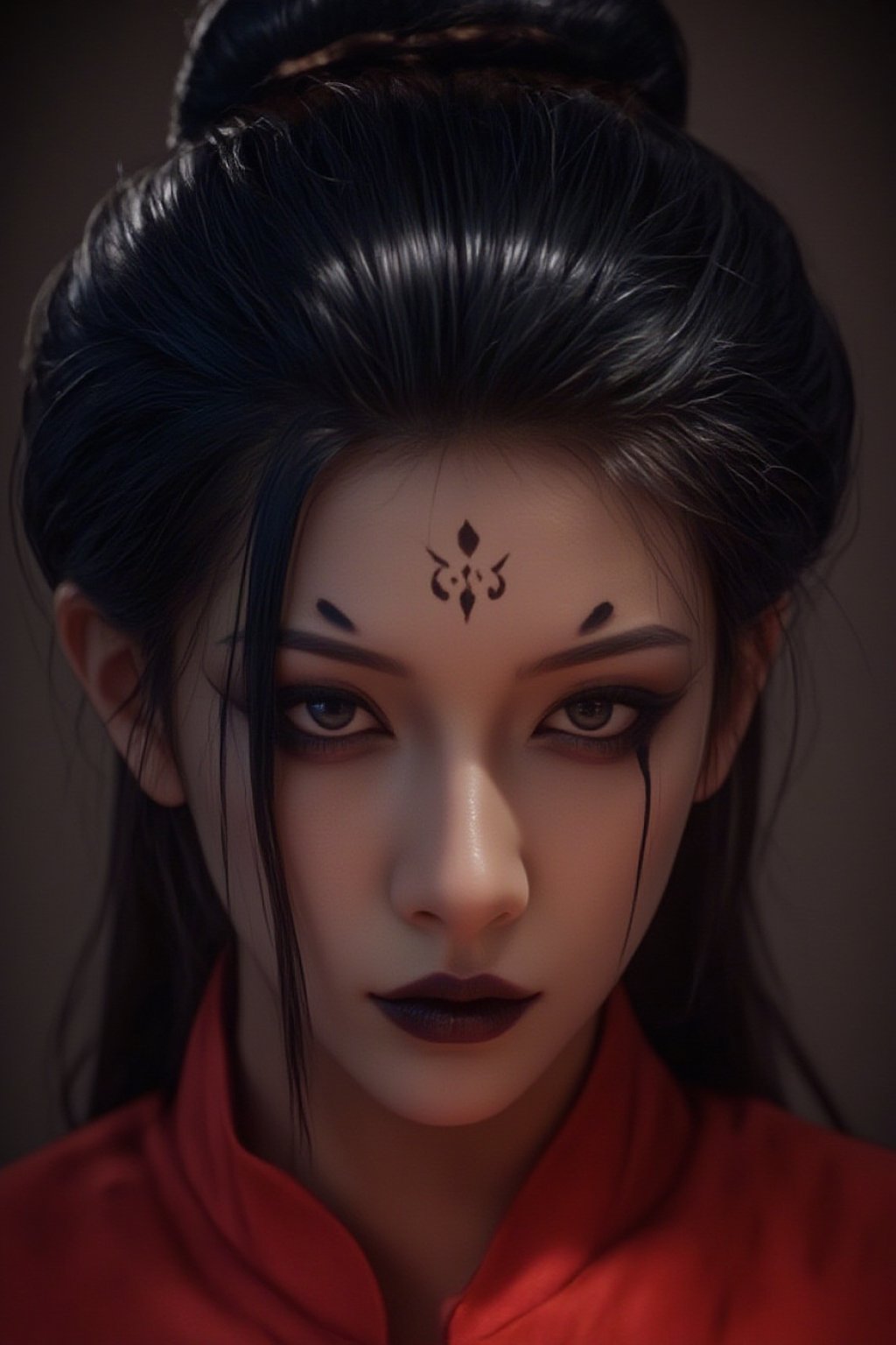 (masterpiece, best quality, ultra-detailed, 3D render), 1girl, solo, beautiful female spider demon, wearing a traditional Chinese red qipao, delicate facial features, long flowing hair, melancholic expression, mystical atmosphere, elegant posture, cinematic lighting, highly detailed textures, prominent forehead tattoos, (fair skin, dark expressive eyes, bold black eyeliner, intricate black markings on forehead and under eyes, black lips, elegant updo), Spider spirit Fourth sister, ultra-realistic lighting, 3D depth, smooth shading, realistic cloth physics