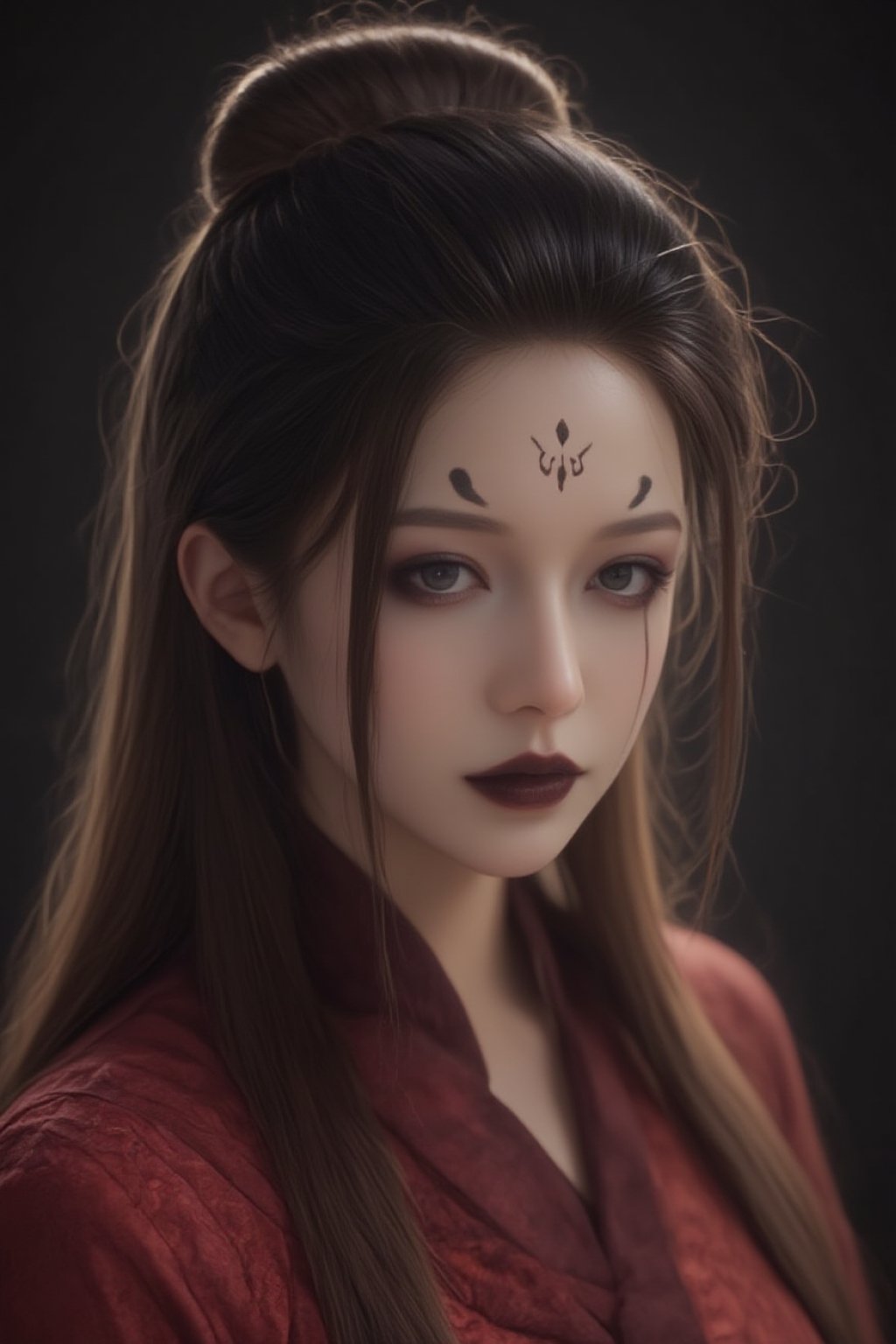 (masterpiece, best quality, ultra-detailed, 3D render), 1girl, solo, beautiful female spider demon, wearing a traditional Chinese red qipao, delicate facial features, long flowing hair, melancholic expression, mystical atmosphere, elegant posture, cinematic lighting, highly detailed textures, prominent forehead tattoos, (fair skin, dark expressive eyes, bold black eyeliner, intricate black markings on forehead and under eyes, black lips, elegant updo), Spider spirit Fourth sister, ultra-realistic lighting, 3D depth, smooth shading, realistic cloth physics