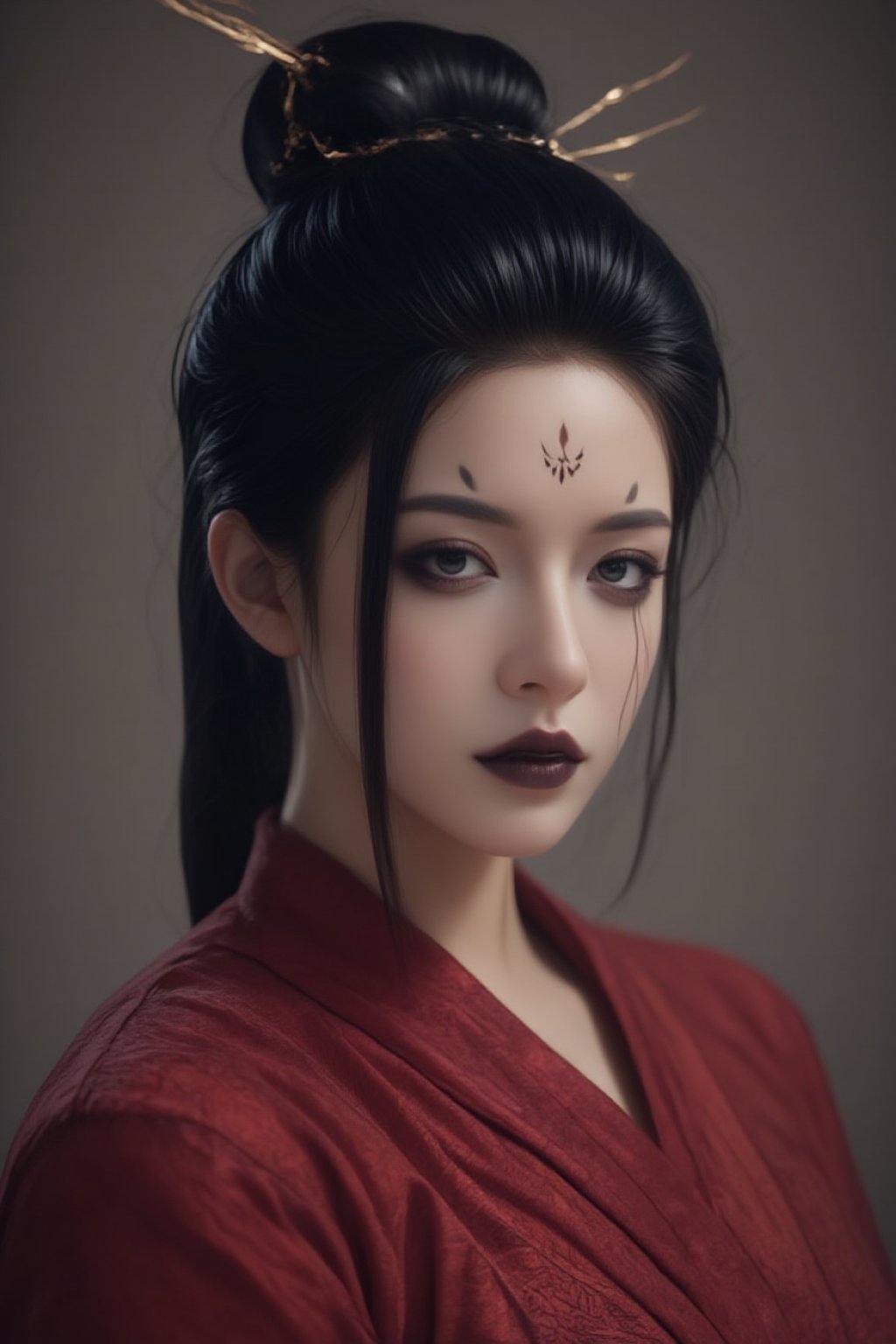 (masterpiece, best quality, 4k, 8k, highres:1.5), ultra-detailed, (3D:1.5), 1girl, solo, beautiful female spider demon, traditional Chinese red qipao, delicate facial features, long flowing hair, melancholic expression, mystical atmosphere, elegant posture, cinematic lighting, detailed clothing patterns, prominent forehead tattoos, (fair skin, dark expressive eyes, bold black eyeliner, intricate black markings on forehead and under eyes, black lips, elegant updo), Spider spirit Fourth sister