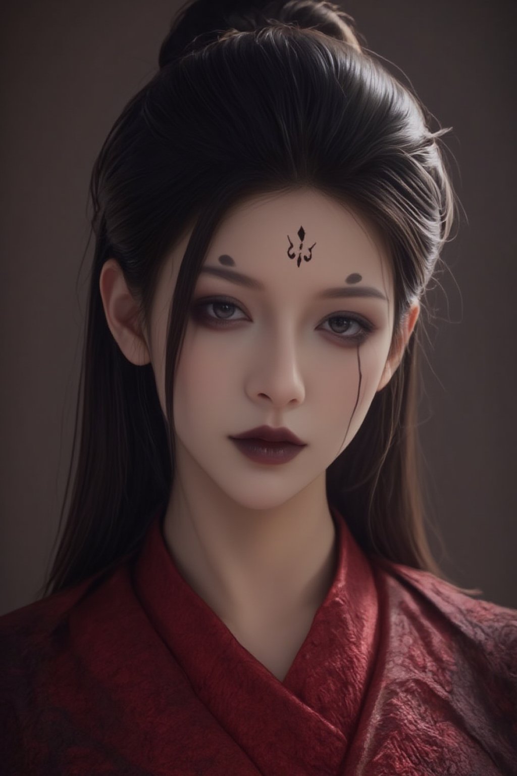 (masterpiece, best quality, ultra-detailed, 3D render), 1girl, solo, beautiful female spider demon, wearing a traditional Chinese red qipao, delicate facial features, long flowing hair, melancholic expression, mystical atmosphere, elegant posture, cinematic lighting, highly detailed textures, prominent forehead tattoos, (fair skin, dark expressive eyes, bold black eyeliner, intricate black markings on forehead and under eyes, black lips, elegant updo), Spider spirit Fourth sister, ultra-realistic lighting, 3D depth, smooth shading, realistic cloth physics