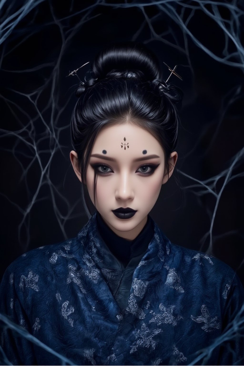 Highly stylized and artistic portrait of a person dressed in traditional Chinese clothing. The subject is wearing traditional dark blue Chinese clothing with intricate patterns. The individual has a fair skin tone and distinct facial features, including dark, dramatic makeup with black lipstick and eye accents. Their hair is styled in an elaborate updo with decorative hairpins. The background is dark, with a geometric, web-like structure framing the subject, adding a modern, abstract element to the composition,Spider spirit Fourth sister,