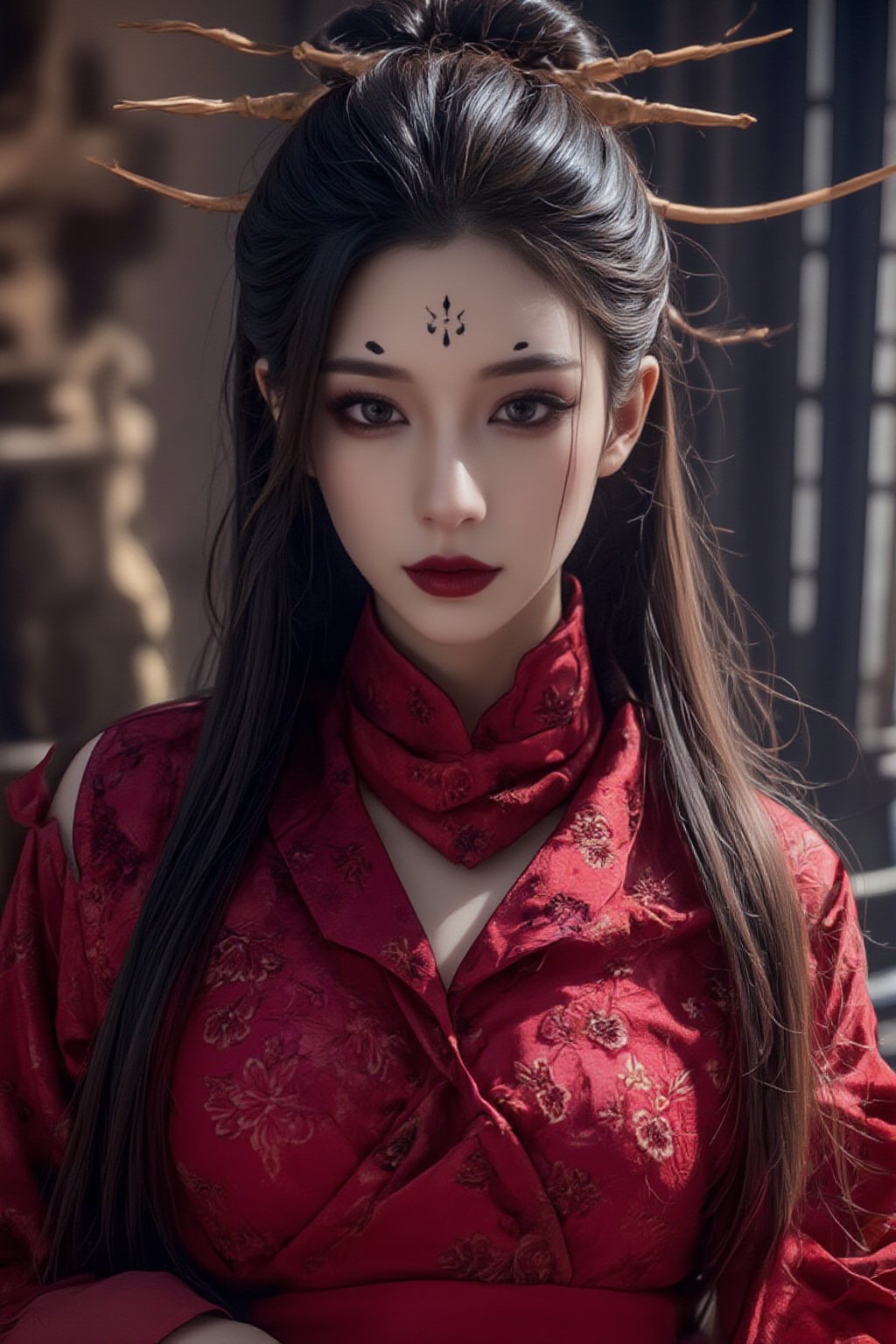 (masterpiece, best quality, 4k, 8k, highres:1.5), ultra-detailed, 1girl, solo, beautiful female spider demon, traditional Chinese red wedding dress, delicate facial features, long flowing hair, melancholic expression, mystical atmosphere, elegant posture, cinematic lighting, detailed clothing patterns, prominent forehead tattoos,Spider spirit Fourth sister