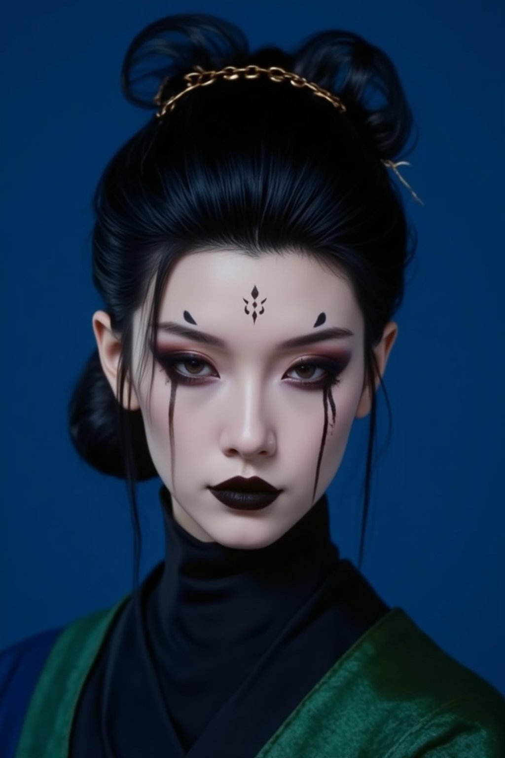 Portrait style image featuring a woman with fair skin and striking facial features. She has dark, expressive eyes accentuated with bold black eyeliner and intricate black markings on her forehead and under her eyes. Her lips are painted black, complementing her dramatic makeup. Her dark hair is styled in an elegant updo, adorned with a gold hairpin that has a chain detail. She is dressed in a dark, high-collared outfit with a layered green and black robe, set against a solid blue background. The overall aesthetic is reminiscent of traditional East Asian attire with a modern, artistic twist, Spider spirit Fourth sister, 