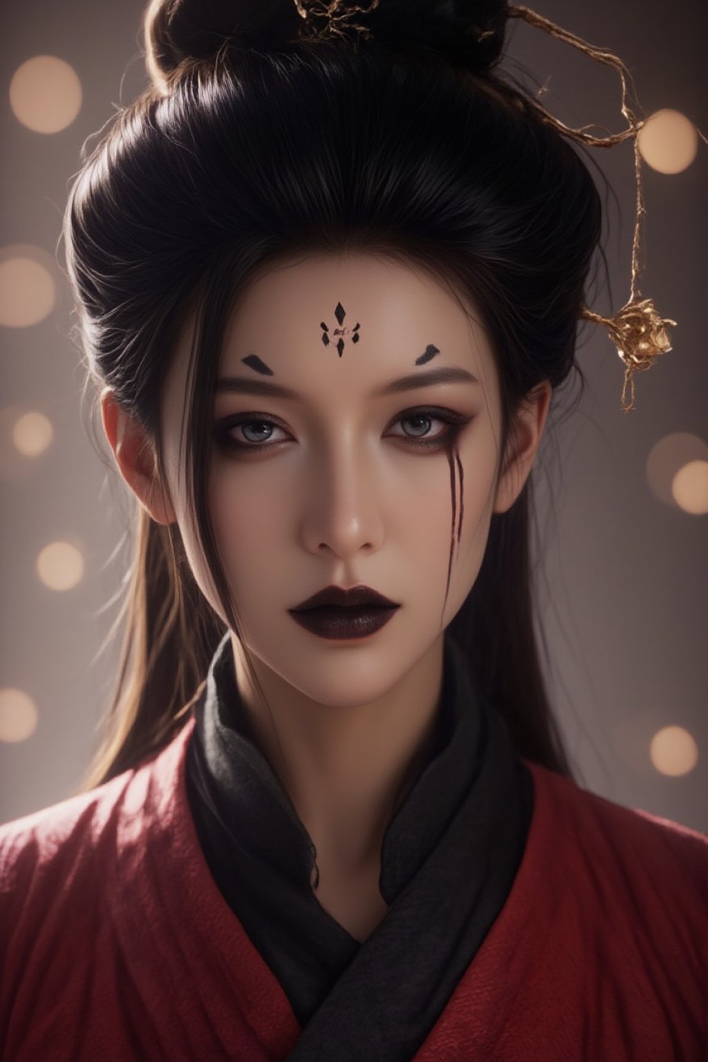 (masterpiece, best quality, 4k, 8k, highres:1.5), ultra-detailed, (3D:1.5), 1girl, solo, beautiful female spider demon, traditional Chinese red qipao, delicate facial features, long flowing hair, melancholic expression, mystical atmosphere, elegant posture, cinematic lighting, detailed clothing patterns, prominent forehead tattoos, (fair skin, dark expressive eyes, bold black eyeliner, intricate black markings on forehead and under eyes, black lips, elegant updo), Spider spirit Fourth sister