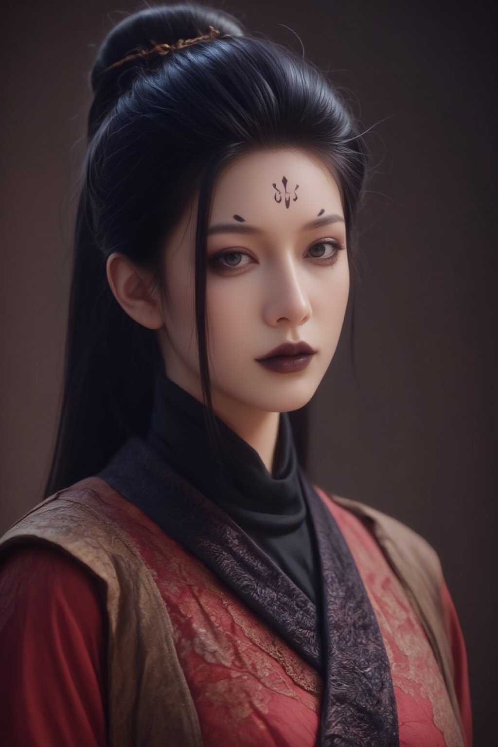 (masterpiece, best quality, 4k, 8k, highres:1.5), ultra-detailed, (3D:1.5), 1girl, solo, beautiful female spider demon, traditional Chinese red qipao, delicate facial features, long flowing hair, melancholic expression, mystical atmosphere, elegant posture, cinematic lighting, detailed clothing patterns, prominent forehead tattoos, (fair skin, dark expressive eyes, bold black eyeliner, intricate black markings on forehead and under eyes, black lips, elegant updo), Spider spirit Fourth sister