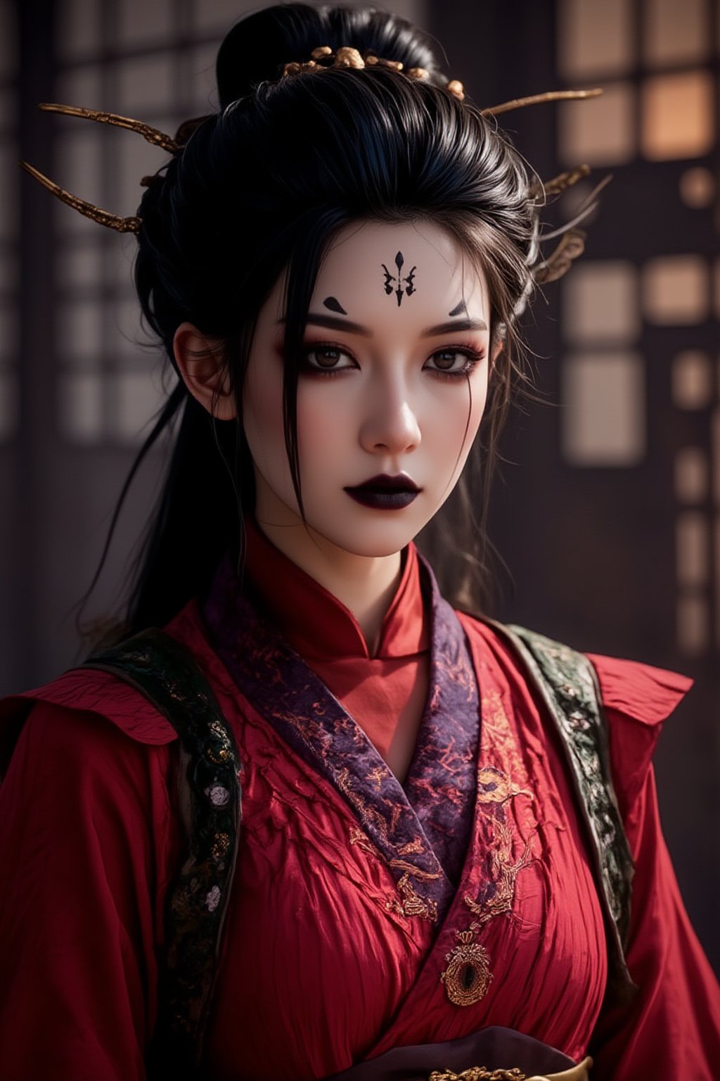 (masterpiece, best quality, 4k, 8k, highres:1.5), ultra-detailed, 1girl, solo, beautiful female spider demon, traditional Chinese red wedding dress, delicate facial features, long flowing hair, melancholic expression, mystical atmosphere, elegant posture, cinematic lighting, detailed clothing patterns, prominent forehead tattoos,(fair skin, dark expressive eyes, bold black eyeliner, intricate black markings on forehead and under eyes, black lips, elegant updo), Spider spirit Fourth sister