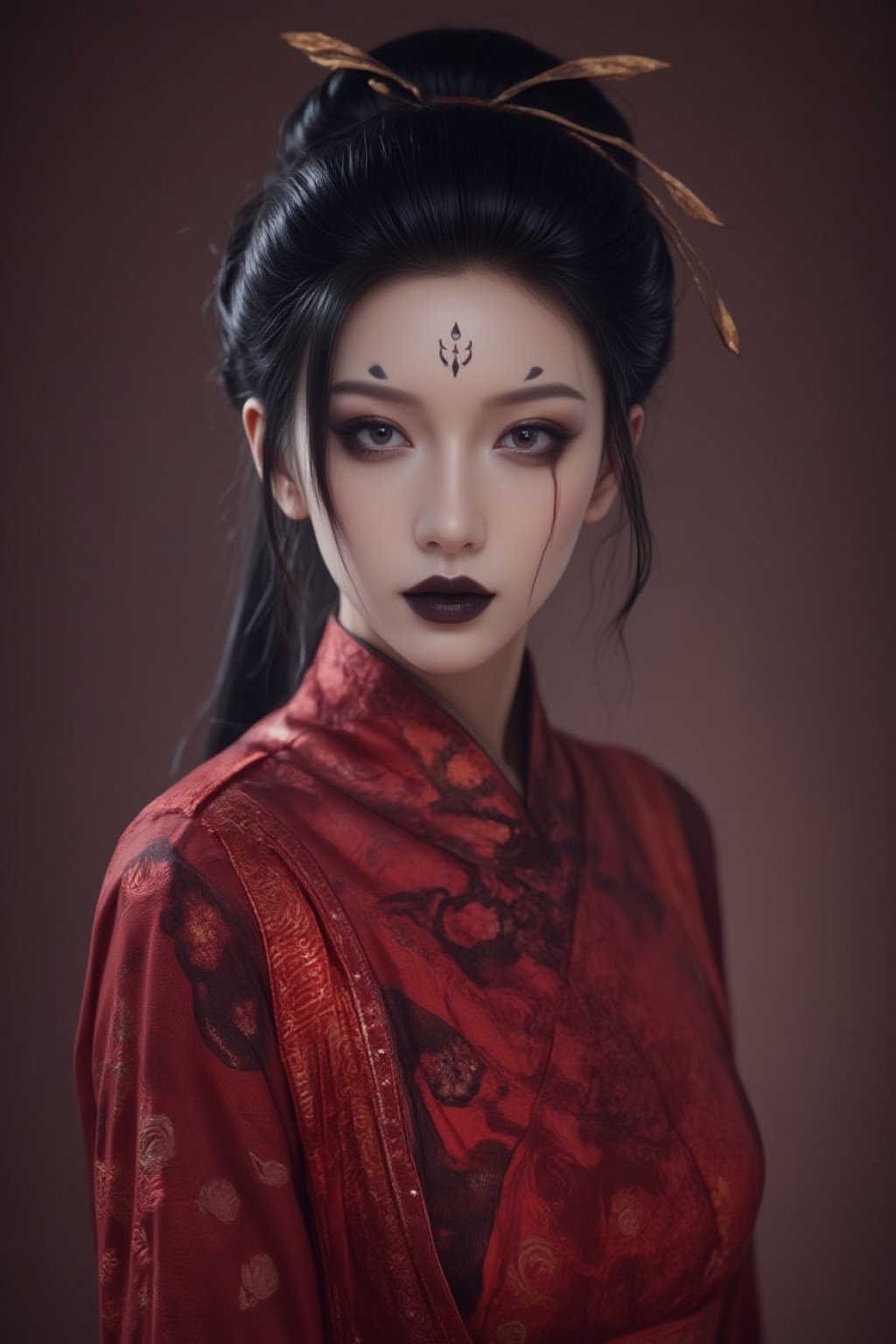 (masterpiece, best quality, 4k, 8k, highres:1.5), ultra-detailed, (3D:1.5), 1girl, solo, beautiful female spider demon, traditional Chinese red wedding dress, delicate facial features, long flowing hair, melancholic expression, mystical atmosphere, elegant posture, cinematic lighting, detailed clothing patterns, prominent forehead tattoos,(fair skin, dark expressive eyes, bold black eyeliner, intricate black markings on forehead and under eyes, black lips, elegant updo), Spider spirit Fourth sister