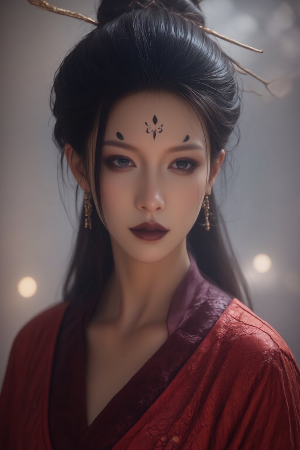 (masterpiece, best quality, 4k, 8k, highres:1.5), ultra-detailed, (3D:1.5), 1girl, solo, beautiful female spider demon, traditional Chinese red wedding dress, delicate facial features, long flowing hair, melancholic expression, mystical atmosphere, elegant posture, cinematic lighting, detailed clothing patterns, prominent forehead tattoos,(fair skin, dark expressive eyes, bold black eyeliner, intricate black markings on forehead and under eyes, black lips, elegant updo), Spider spirit Fourth sister