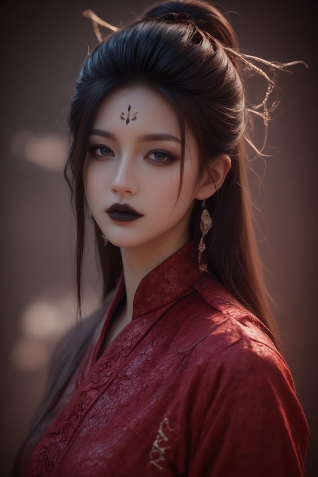 (masterpiece, best quality, 4k, 8k, highres:1.5), ultra-detailed, (3D:1.5), 1girl, solo, beautiful female spider demon, traditional Chinese red wedding dress, delicate facial features, long flowing hair, melancholic expression, mystical atmosphere, elegant posture, cinematic lighting, detailed clothing patterns, prominent forehead tattoos,(fair skin, dark expressive eyes, bold black eyeliner, intricate black markings on forehead and under eyes, black lips, elegant updo), Spider spirit Fourth sister