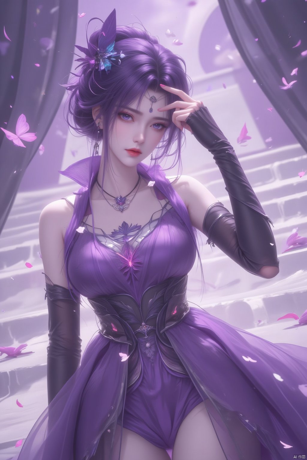  8K image.云曦Flux-起风了,purple hair,1girl, solo, hair ornament, dress, bare shoulders, jewelry, upper body, purple hair, earrings, elbow gloves, petals, facial mark, bug, butterfly, purple dress, stairs, forehead mark, falling petals