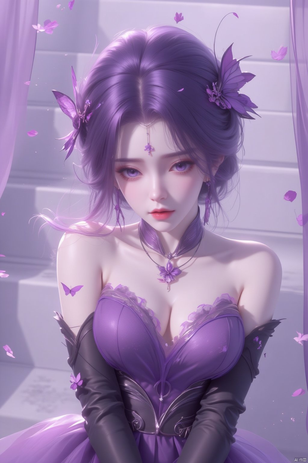  8K image.云曦Flux-起风了,purple hair,1girl, solo, hair ornament, dress, bare shoulders, jewelry, upper body, purple hair, earrings, elbow gloves, petals, facial mark, bug, butterfly, purple dress, stairs, forehead mark, falling petals