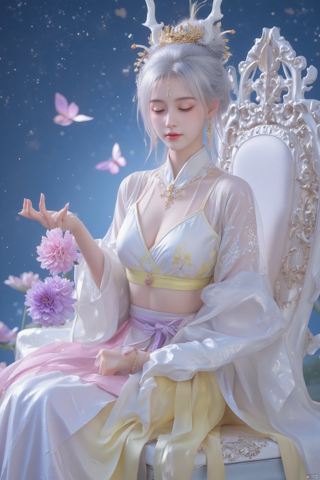 Chinese mature woman, sitting cross-legged on a white lotus throne, wearing a golden hat on her head, anime style appearance, white neon bra, white Hanfu, golden crown, eyes closed, girl, jewelry, long hair, white hair, cute, Hanfu, Dunhuang, hold out the hydrangeas with both hands, hold them tightly, look at the hug, look at the body, the cute little princess, Mrs. Dragon, wearing a pair of dragon horns on her head ((Masterpiece, best quality)),(( Well structured, well composed, luminous), translucent woman), tiny gold accents, beautiful and intricate details, ethereal light, whimsical imagining, art by Michif blue theme, off original, view ( beautiful),transparent,shiny_clothes,pink chest pleated skirt,white with yellow pimples,pink pimples,((water drops)),wet clothes,((beautiful details water)),(( Floating)), dynamic angle, ((beautiful details of the butterfly)), ((beautiful details of the stars)), ((slip dress)), particles, (beautiful details of the starry sky), (hazy fog), (beautiful Fragments) details), (((standing on the sea))), yellow belt, purple belt with white belt, light green belt,, Xmamianqun