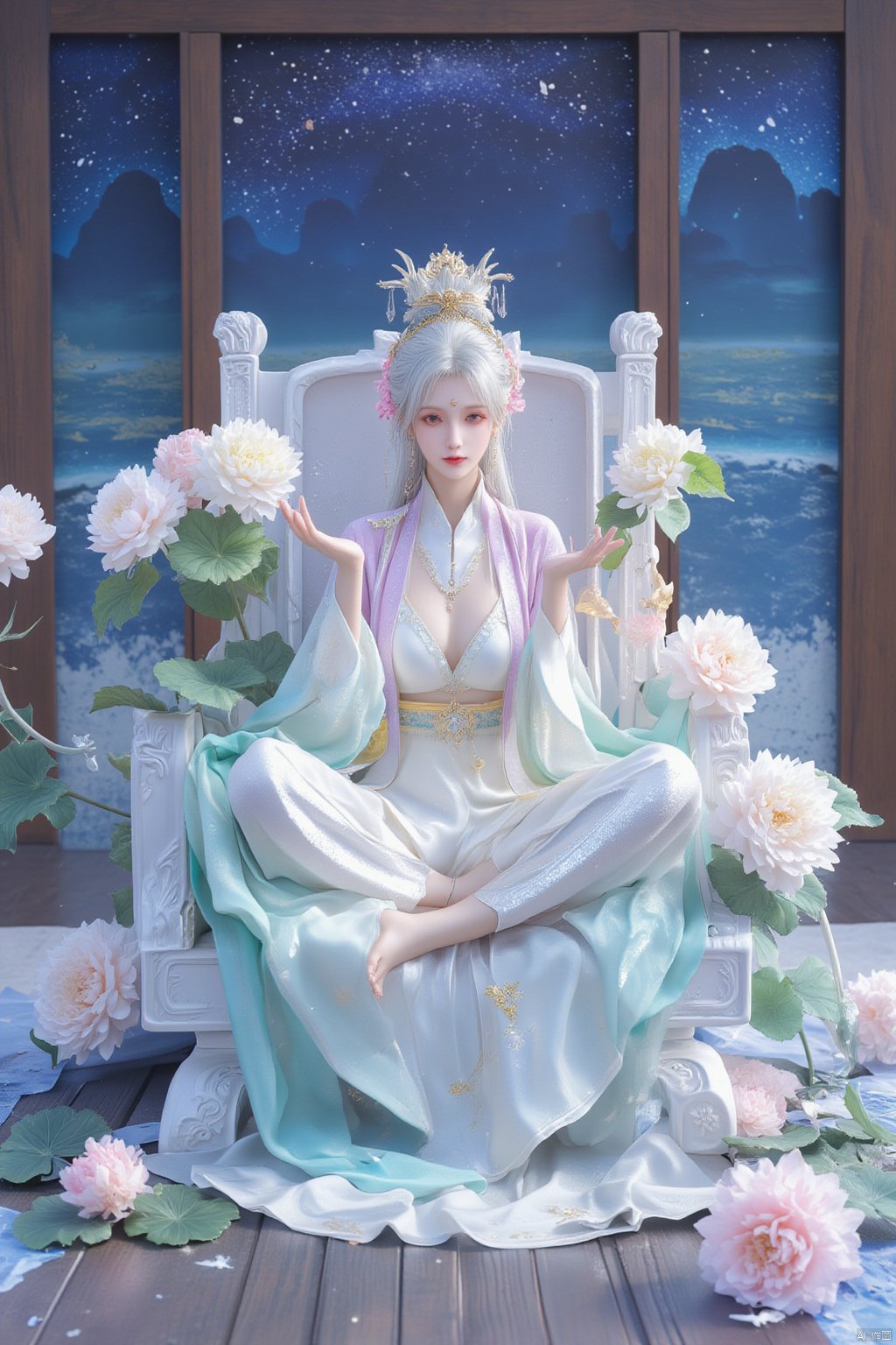 Chinese mature woman, sitting cross-legged on a white lotus throne, wearing a golden hat on her head, anime style appearance, white neon bra, white Hanfu, golden crown, eyes closed, girl, jewelry, long hair, white hair, cute, Hanfu, Dunhuang, hold out the hydrangeas with both hands, hold them tightly, look at the hug, look at the body, the cute little princess, Mrs. Dragon, wearing a pair of dragon horns on her head ((Masterpiece, best quality)),(( Well structured, well composed, luminous), translucent woman), tiny gold accents, beautiful and intricate details, ethereal light, whimsical imagining, art by Michif blue theme, off original, view ( beautiful),transparent,shiny_clothes,pink chest pleated skirt,white with yellow pimples,pink pimples,((water drops)),wet clothes,((beautiful details water)),(( Floating)), dynamic angle, ((beautiful details of the butterfly)), ((beautiful details of the stars)), ((slip dress)), particles, (beautiful details of the starry sky), (hazy fog), (beautiful Fragments) details), (((standing on the sea))), yellow belt, purple belt with white belt, light green belt,, Xmamianqun