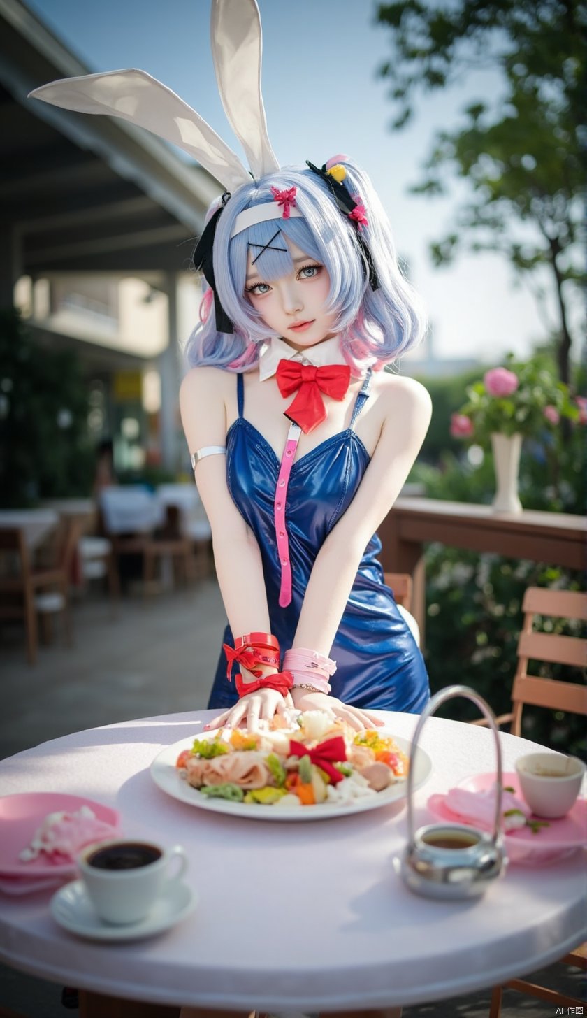  1girl,upper body,standing near table,outdoors,looking at viewer,rabbithole,cross arms